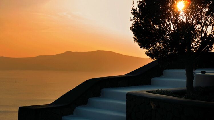 hotels in heaven aenaon villas stairs sunset view oceanview stairs tree sunset sun mountain sea lake orange sky