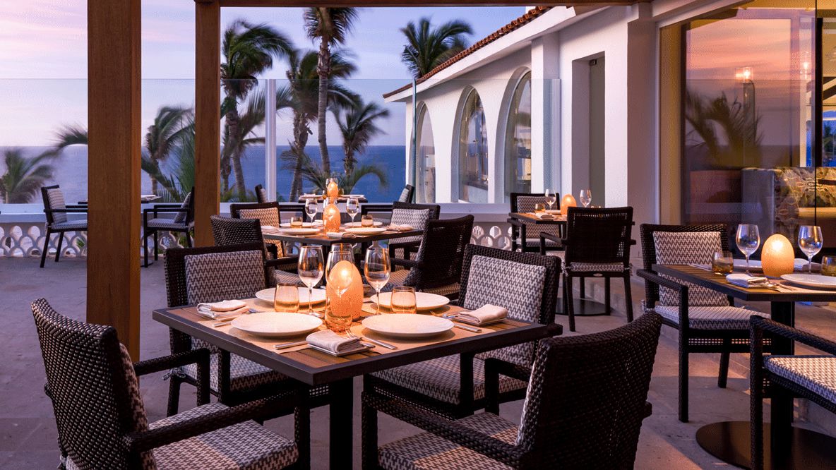 hotels in heaven one and only palmilla culinary palm trees dishes restaurant vase bottle luxury hotel outside sea view terrace