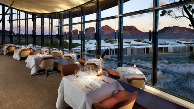 hotels in heaven saffire freycinet culinary restaurant dining restaurants tables tablecloth mountains wine glasses armchairs